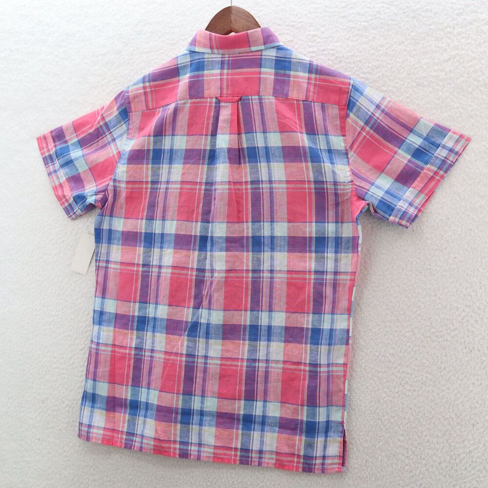 Izod Madras Linen Blend Shirt Mens Large Pink & Blue Plaid SS Lightweight Preppy - Picture 3 of 7